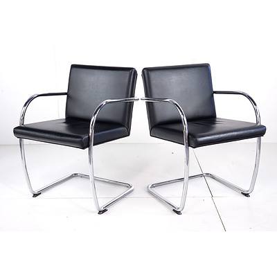 Pair of Replica Mies Van Der Rohe Brno Chrome Round Bar and Thick Pad Black Leather Cantilever Chairs (2)