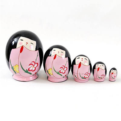 Japanese Pink egg shape 5 nesting dolls