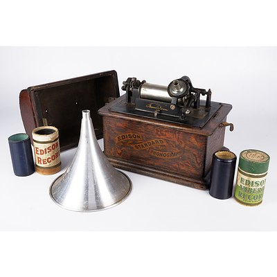 Antique Edison Standard Phonograph in Original Oak Case, Complete with Horn and Four Edison Rolls