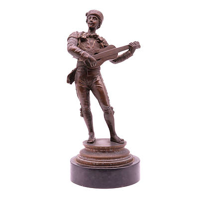 Sylvain Kinsburger (French 1855-1935) Bronze Figure of a Musician on a Black Slate Socle, Signed