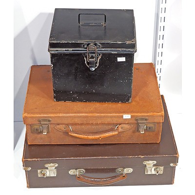 Two Vintage Leather Briefcases And A Painted Tin Box