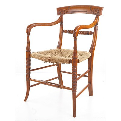 Finely Moulded Beech and Rush Seagrass Armchair in the Regency Style, Late 19th Century