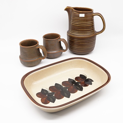 Various Arabia Finland Stoneware, Two Mugs, One Large Jug, and a Baking Dish (4)