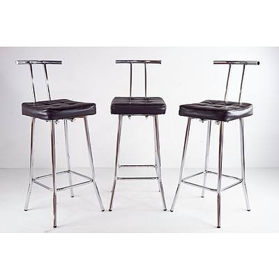 Three Chrome Bar Stools with Button Upholstered Vinyl Seats