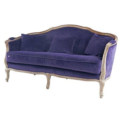 Fabulous Vintage Louis Style Limed Oak and Purple Velvet Upholstered Sofa