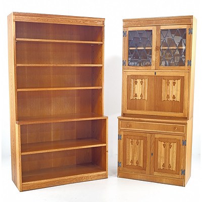 Oak Antique Style Fall-front Cabinet with Linenfold Panels and Leadlight Glazing and an Open Bookcase