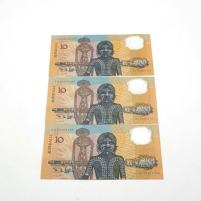 Three Consecutively Numbered 1988 Australian Bicentennial Commemorative $10 Notes AA09002446 -AA09002448