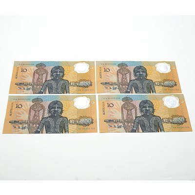 Four Consecutively Numbered 1988 Australian Bicentennial Commemorative $10 Notes AA09002453 -AA09002456
