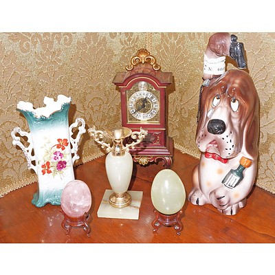 Shelf of Ornaments, Including Kitsch Liqueur Bottle, Alabaster Eggs Etc