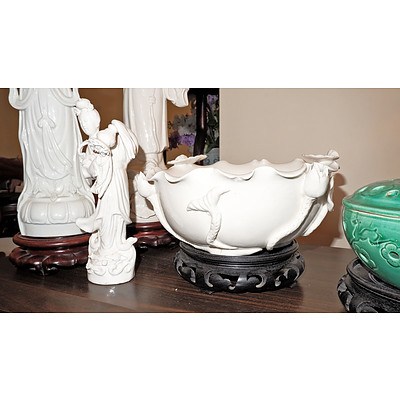 Collection of Chinese Blanc De Chine Figures and Lotus Bowl, Plus Green Glazed Pot Purri