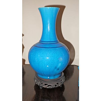 Antique Chinese Turquoise Blue Vase Incised with Lotus and Plantain Leaves