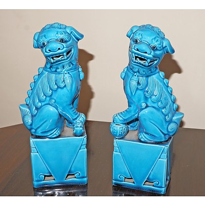 Pair of Chinese Turquoise Glazed Buddhist Lions