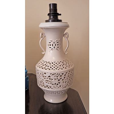 Chinese Reticulated Porcelain Lamp Base with Ruyi Handles