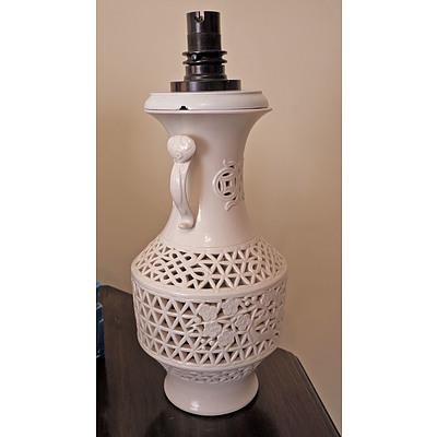Chinese Reticulated Porcelain Lamp Base with Ruyi Handles