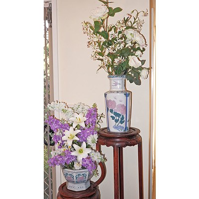 Two Glazed Ceramic Vases with Silk Flower Displays