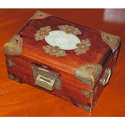 Chinese Rosewood Jewellery Box with Carved Serpentine Plaque