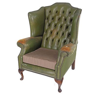 Green Leather Chesterfield Wingback Armchair