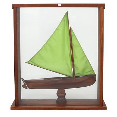 Nicely Carved Hardwood Model Pond Yacht in Display Case, Green Sails