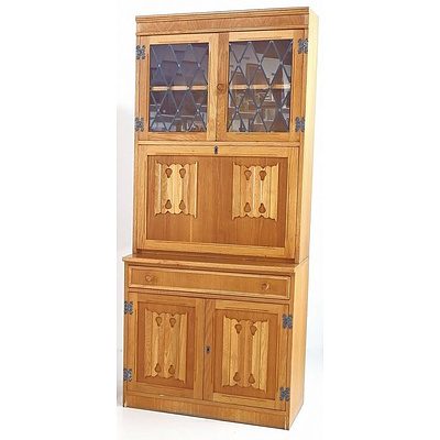 Oak Antique Style Fall-front Cabinet with Linenfold Panels and Leadlight Glazing