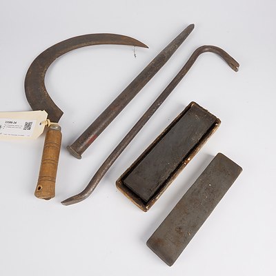 Two Sharpening Stones, Sickle, Crowbar and Cold Chisel
