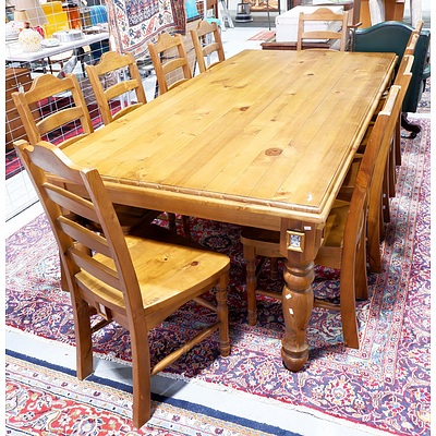 Large Country Style Pine Dining Table with Set of Ten Chairs