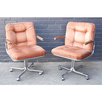 Pair of 1970's Steel Framed Chairs with Castor Wheels 
