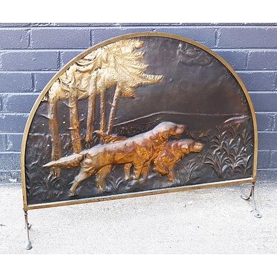 Vintage Pressed Copper Fire Screen with Hunting Dog Motif