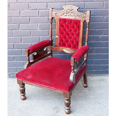 Edwardian Armchair with Crimson Red Velour Upholstery