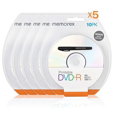 Memorex (5 Pack) Printable White Top DVD-R 4.7G 16x 10PCs Pack with Bonus Mark Pen - with Warranty