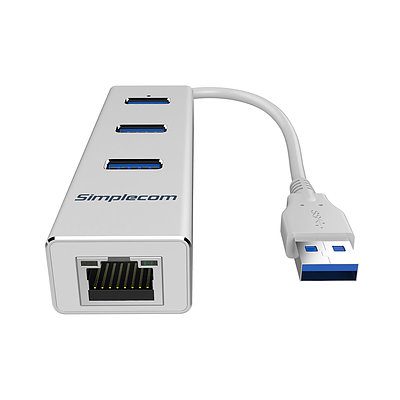 Simplecom CHN410 Aluminium 3 Port USB 3.0 Hub with Gigabit Ethernet Adapter 1000Mbps Silver