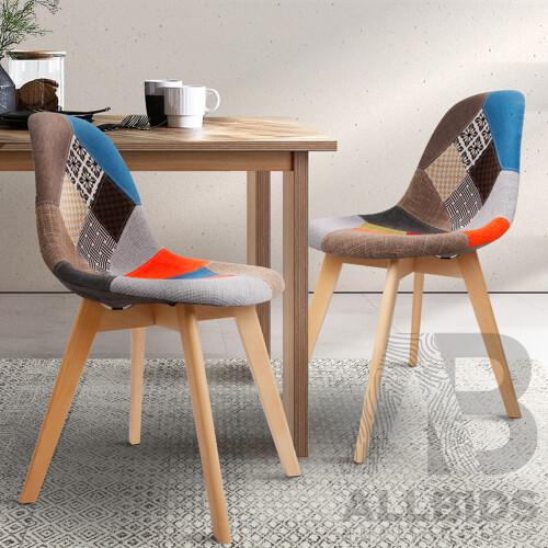 Set of 2 Retro Beech Fabric Dining Chair - Multi Colour