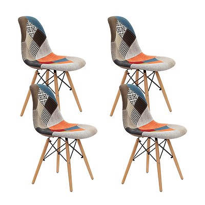 Set of 4 Retro Beech Fabric Dining Chair - Multi Colour