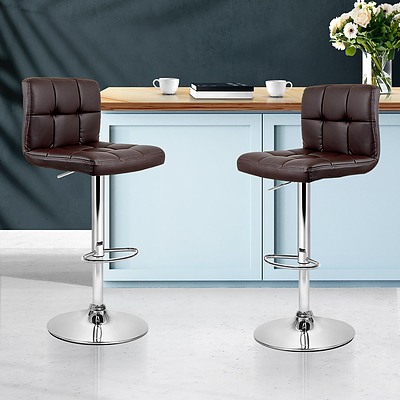 Set of 2 Gas Lift Bar Stools PU Leather - Chocolate Brown - Brand New - Free Shipping