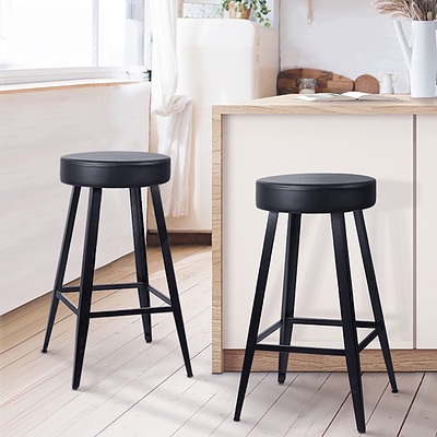 Set of 2 PU Leather Bar Stools Square Footrest - Black - Brand New - Free Shipping