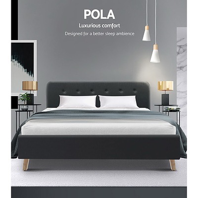 Queen Size Bed Frame Base Mattress Fabric Wooden Charcoal POLA - Brand New - Free Shipping
