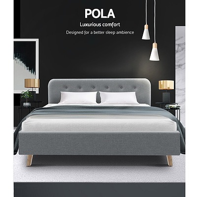 Queen Size Bed Frame Base Mattress Fabric Wooden Grey POLA - Brand New - Free Shipping