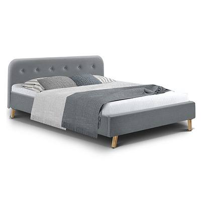Queen Size Bed Frame Base Mattress Fabric Wooden Grey POLA - Brand New - Free Shipping