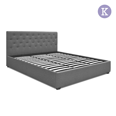 King Gas Lift Fabric Bed Frame with Headboard - Brand New