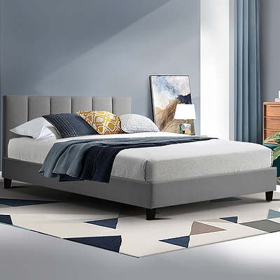 Bed Frame Double Size Mattress Base Platform Fabric Wooden Grey