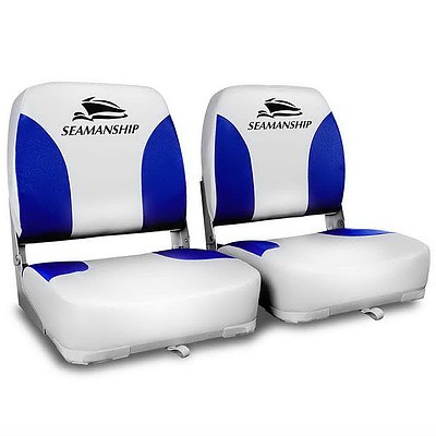 Set of 2 Swivel Folding Marine Boat Seats White Blue - Brand New