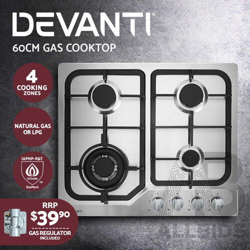 Gas Cooktop 60cm Gas Stove Cooker 4 Burner Cook Top Konbs NG LPG Steel - Brand New - Free Shipping
