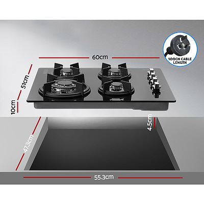 Gas Cooktop 60cm 4 Burner Glass Cook Top Cooker Stove Hob NG LPG Black - Brand New - Free Shipping