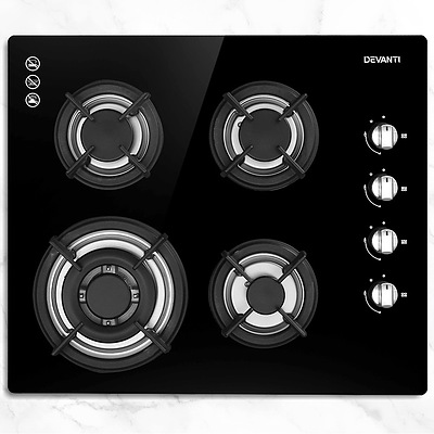 Gas Cooktop 60cm 4 Burner Glass Cook Top Cooker Stove Hob NG LPG Black - Brand New - Free Shipping