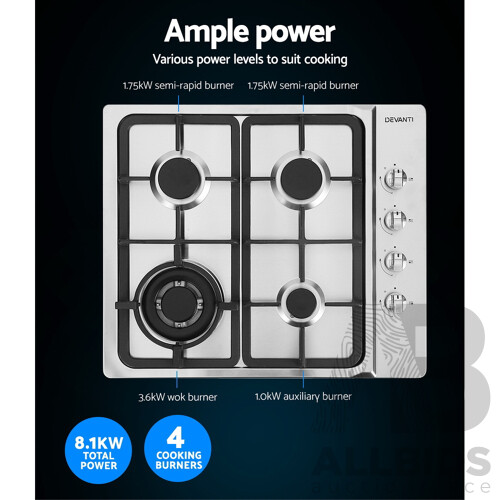 Gas Cooktop 60cm Kitchen Stove 4 Burner Cook Top NG LPG Stainless Steel Silver - Brand New - Free Shipping