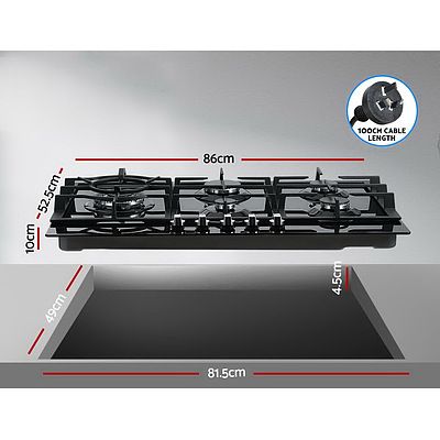 Gas Cooktop 90cm 5 Burner Stove Hob Cooker Kitchen NG LPG Black Glass - Brand New - Free Shipping