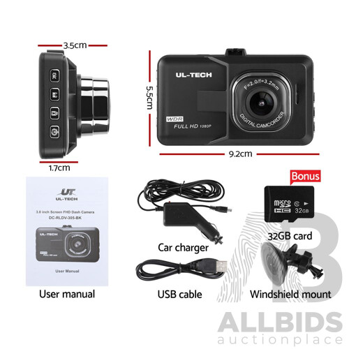 UL Tech 3 Inch Screen Dash Cam - Black - Brand New - Free Shipping