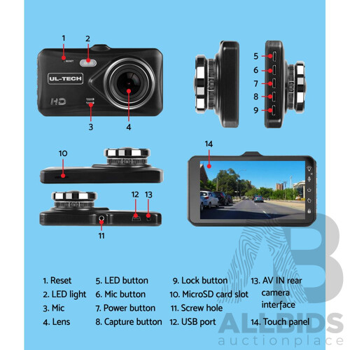 UL Tech 4 Inch Dual Camera Dash Camera - Black - Free Shipping