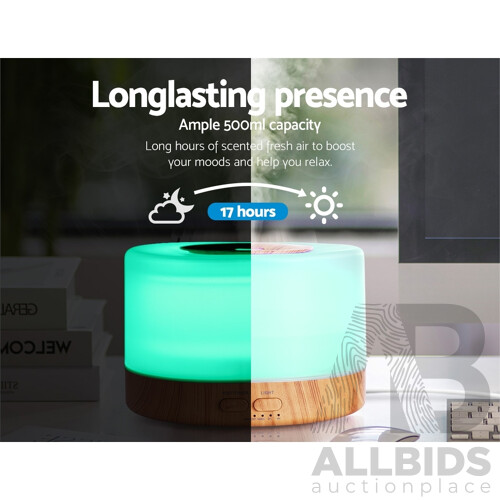 Aroma Diffuser Aromatherapy LED Night Light Air Humidifier Purifier Round Light Wood Grain 500ml Remote Control - Brand New - Free Shipping