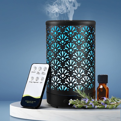 Aroma Diffuser Aromatherapy Essential Oils Metal Cover Ultrasonic Cool Mist 100ml Remote Control Black - Brand New - Free Shipping