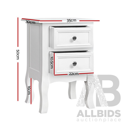 Vintage Style Bedside Side Table with 2 Drawers - White - RRP: $265.94 - Free Shipping